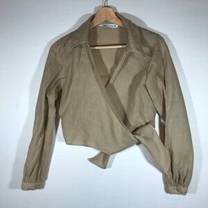 Zara Women's XS Brown Linen Long Sleeve Cross Over Wrap With Button Tie Crop Top